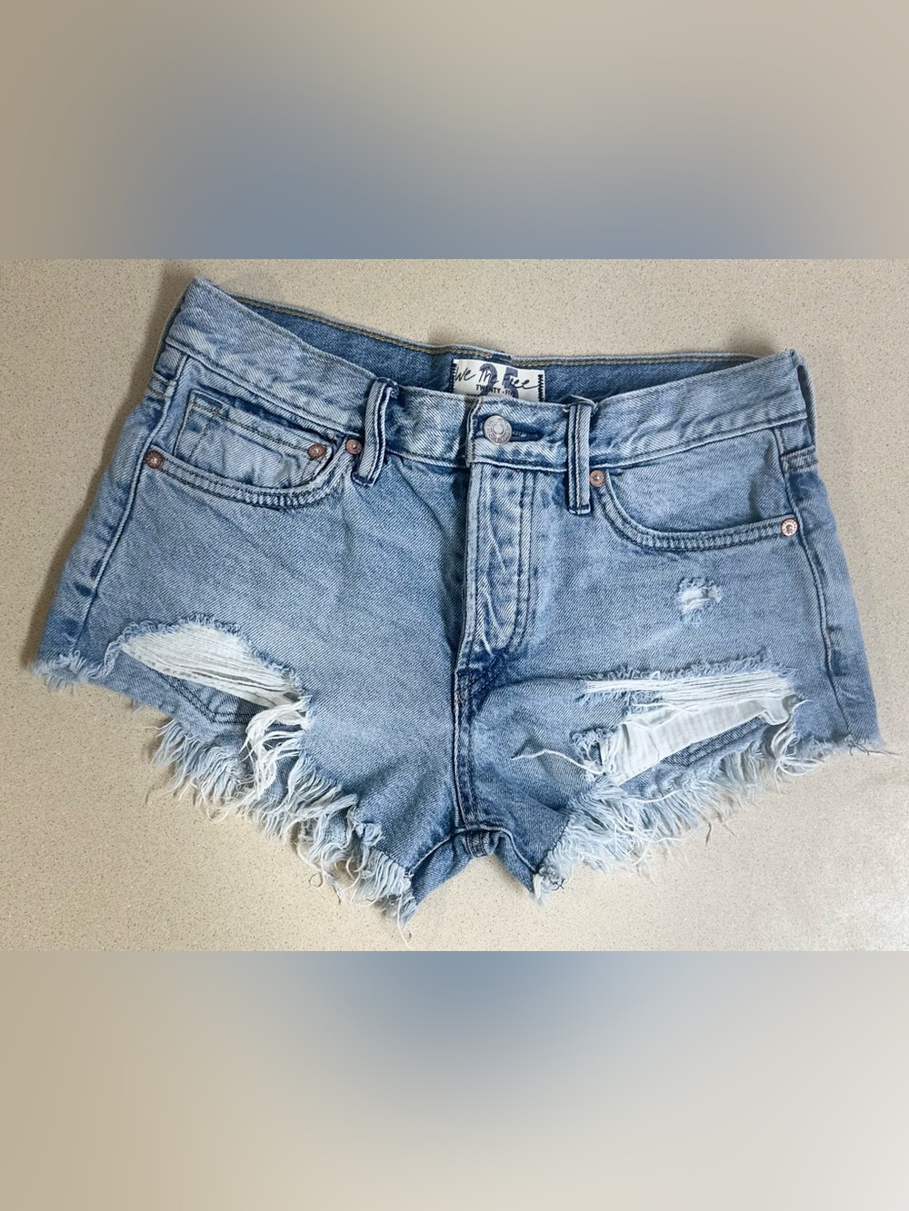 Free People We The Free Cutoff Denim Shorts 25 Blue Jean Frayed Exposed Pocket